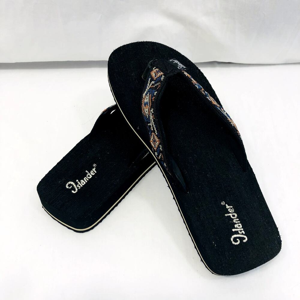 Islander Thong Sandal Size 9 Flip Flop Slipper Black Multi Color Tribal Print
